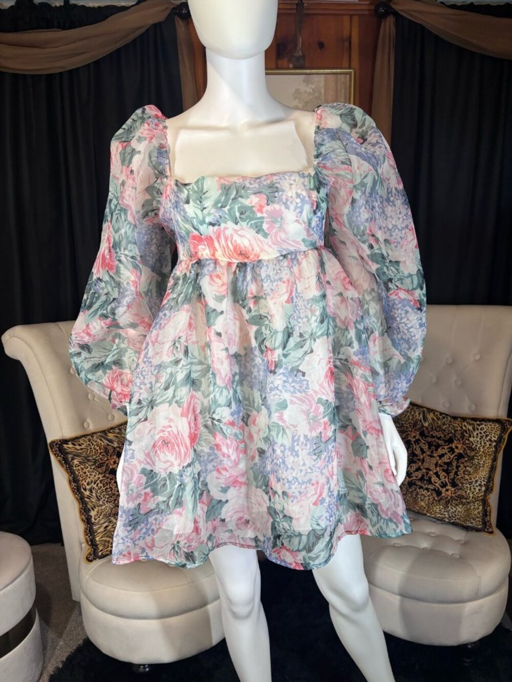 Watercolor Floral Long Puff Sleeve Babydoll Dress